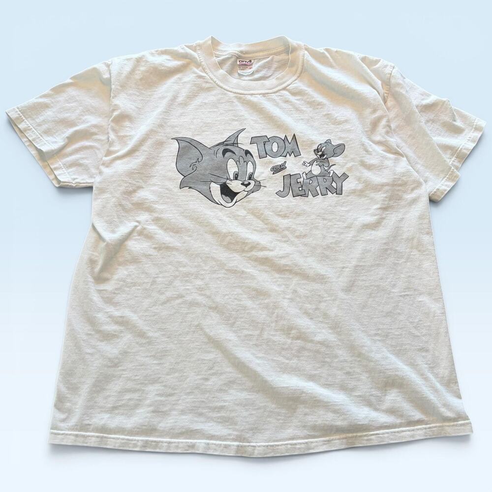 Tom And Jerry Shirt Mens XL White Cartoon Tee T-Shirt Anvil Hanna Barbera
